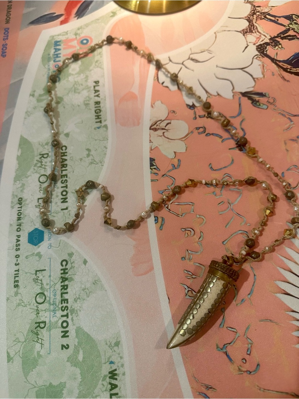 Gold, Pearl, and earth tone stones beaded chain with Horn Pendant necklace